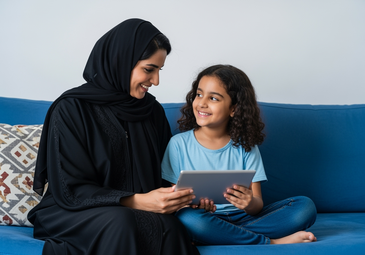 A mother and daughter safely enjoying a tablet together